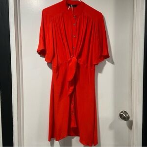 EUC Zara Orange Coral Buttoned Midi Tie Front Dress Size Medium 100% Viscoe